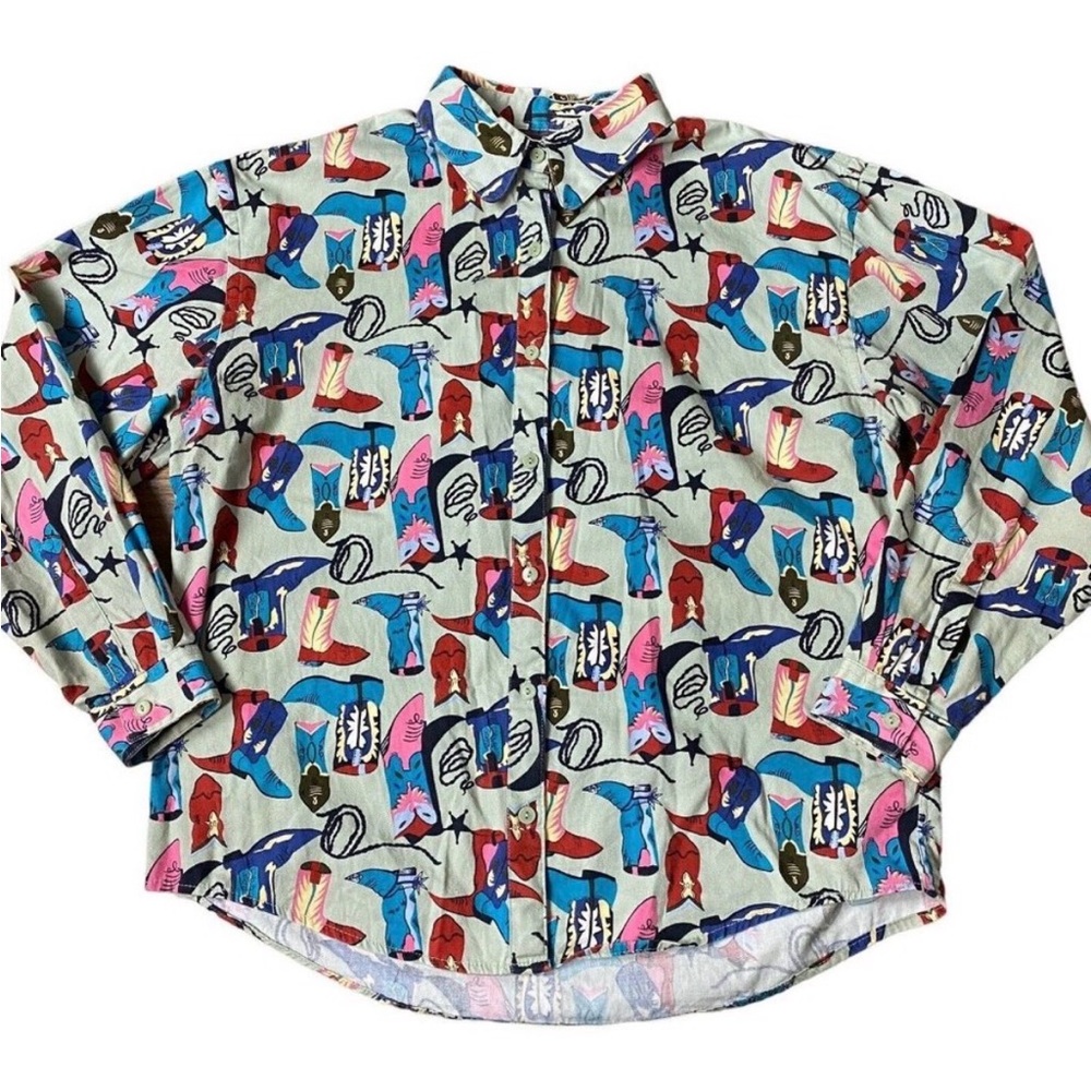 Vintage Woolrich Novelty Western Cowboy Boots Print Button Up Shirt - Picture 2 of 11